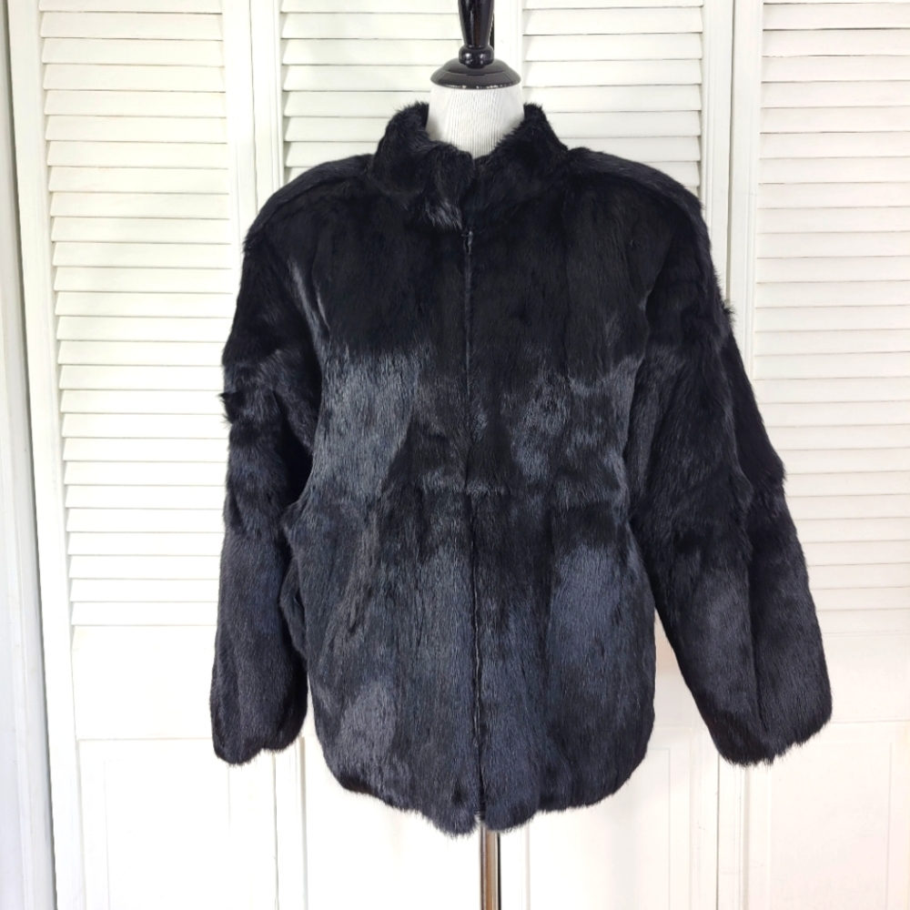 Women M oversized rabbit fur vintage winter front zipper lined coat jacket